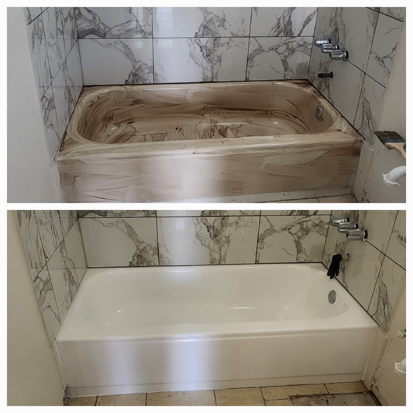 Bathtub refinished from worn and stained to a glossy white finish in a marble surround by Fuentes Reglazing in Corona