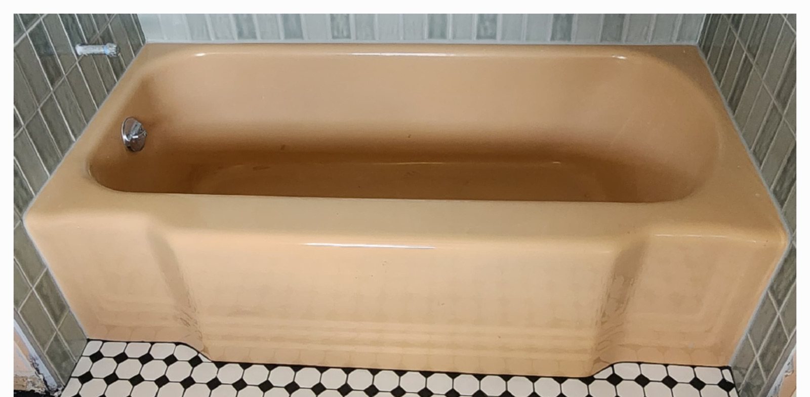 Before: dated beige bathtub reglazed to bright white